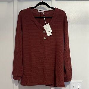 Women's Waffle-Knit Button V-Neck Pullover in Burgundy
